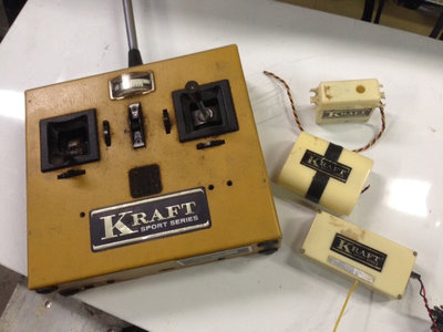 Kraft 4 channel analog with receiver, 550mah nicad battery and a s-14 servo missing the servo arm.